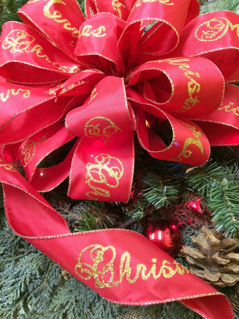 Merry Christmas tree topper Red and gold bows Merry Christmas bows with streamers Red and gold Christmas ribbon Christmas tree bows.