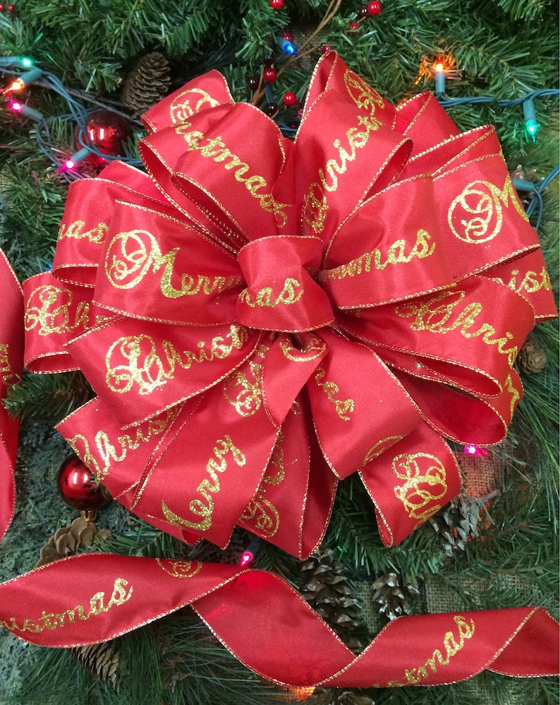 Merry Christmas tree topper Red and gold bows Merry Christmas bows with streamers Red and gold Christmas ribbon Christmas tree bows.
