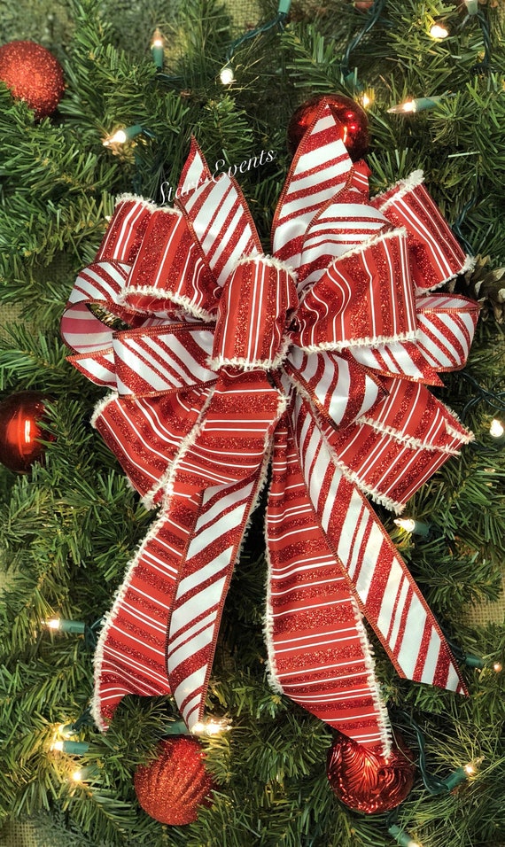 Christmas Decorations. Christmas Wreath Bows. Christmas Ribbon Christmas  Decor. Candy Cane Decor Christmas Bow Red and White Christmas Bow. 