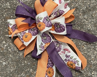 Fall Wreath bow. Fall decor. Unique Fall decorations. Purple and orange pumpkin bow  bows for wreaths