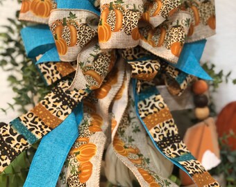 Fall Wreath bow. Fall decor. Fall decorations. Cheetah print pumpkin bow. Blue pumpkin bow. Bows for wreaths. Blue pumpkin bow. Lantern bow
