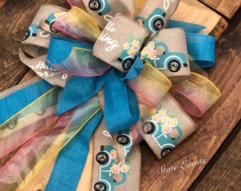 Hello spring wreath bow Spring decor Farm truck decor. Farm truck ribbon. Spring farm truck bows. Spring lantern bow. Mailbox bow