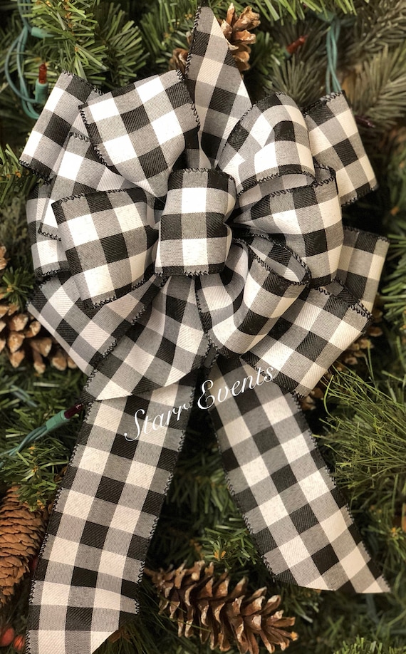 Buffalo Plaid bow. Rustic Christmas decor. Black and white plaid bow. Rustic Christmas bow Rustic Christmas ribbon Christmas wreath bow.