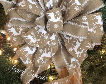 Rustic Christmas tree topper. Rustic Deer Christmas tree bows. faux burlap Christmas ribbon.  Christmas decor Rustic Christmas decorations