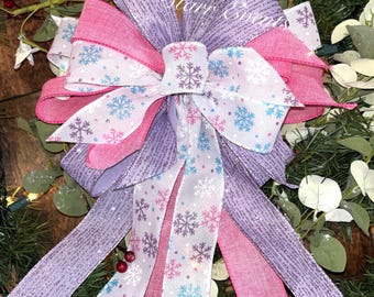 Pink and lavender snowflake Christmas bow snowflake Christmas Wreath bows. Pink and lavender Christmas decoration. Snowflake Christmas decor