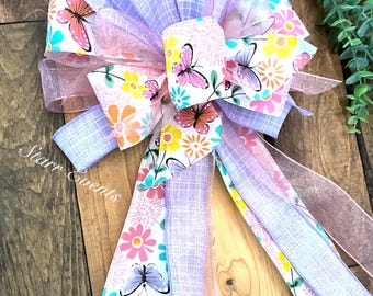 Butterfly spring wreath bow Spring decor Butterfly decor. Pink butterfly ribbon. Spring butterfly bows. Spring lantern bow. Mailbox bow