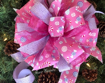 Pink candy Christmas tree topper Pink Christmas tree bow. Pink Christmas decor Candy themed Christmas decorations. Pink and lavender topper