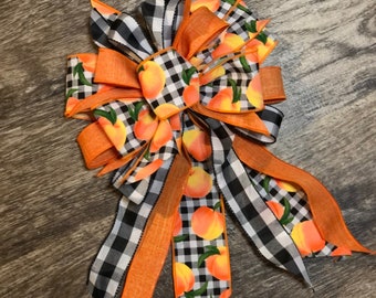 Peach decor. Peach Wreath bow. Peach decorations. Summer wreath bow. Bows for wreaths. Buffalo plaid Peach bow. Summer bows.