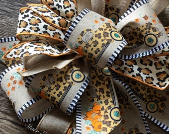 Fall Wreath bow. Fall decor. Rustic Fall decorations. Rustic fall bow. fall cheetah print bow. Cheetah farm truck bow. fall Farmhouse decor
