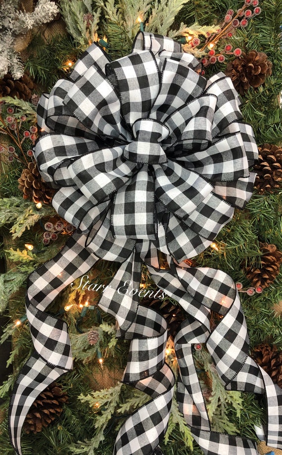 Buffalo Plaid bow Christmas tree topper. Rustic Christmas decor. Black and white plaid bow. Rustic Christmas bow Christmas tree bows.