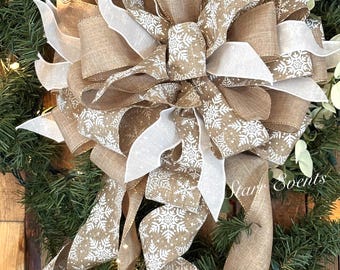 Rustic snowflake Christmas tree topper. Christmas tree bows. faux burlap Christmas ribbon. Christmas decor Rustic Christmas decorations