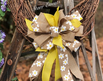 Spring Wreath bow. Faux burlap Spring wreath bows for wreaths. Rustic Spring bows. Spring bows with daisys. Spring door decor. Daisy bows.