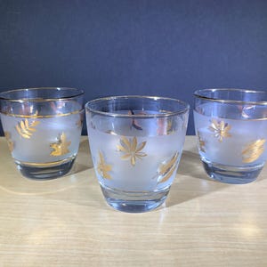 Libbey Vintage Gold Leaf Frosted Old Fashioned Glasses set of 3