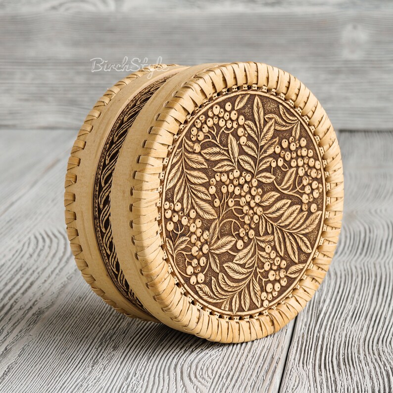 Small hand carved wood jewelry box with rowan ornament Tea box Round brown trinket box