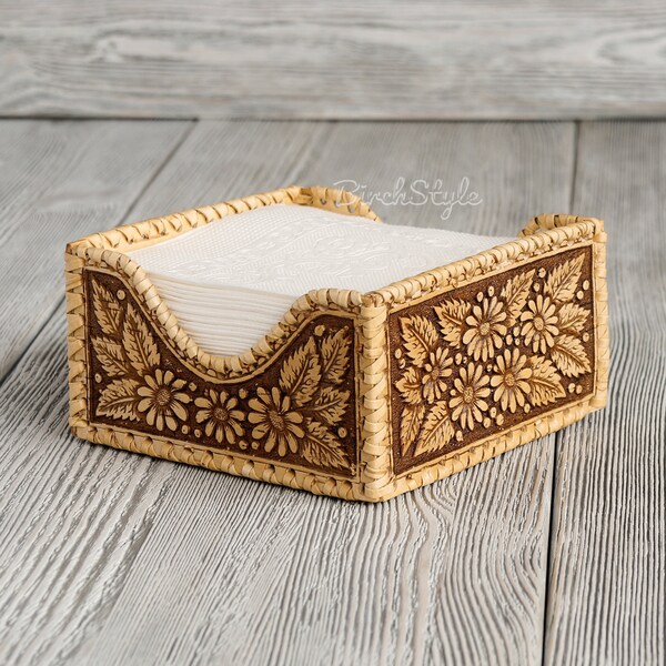 Flache Sankernhalter aus Holz, Holz platzrustikad dekorative Abendessen Tisch Serviette Halter, Birke Rinde Serviette Tablett, Servietten-Box, Hamomile Ornament
