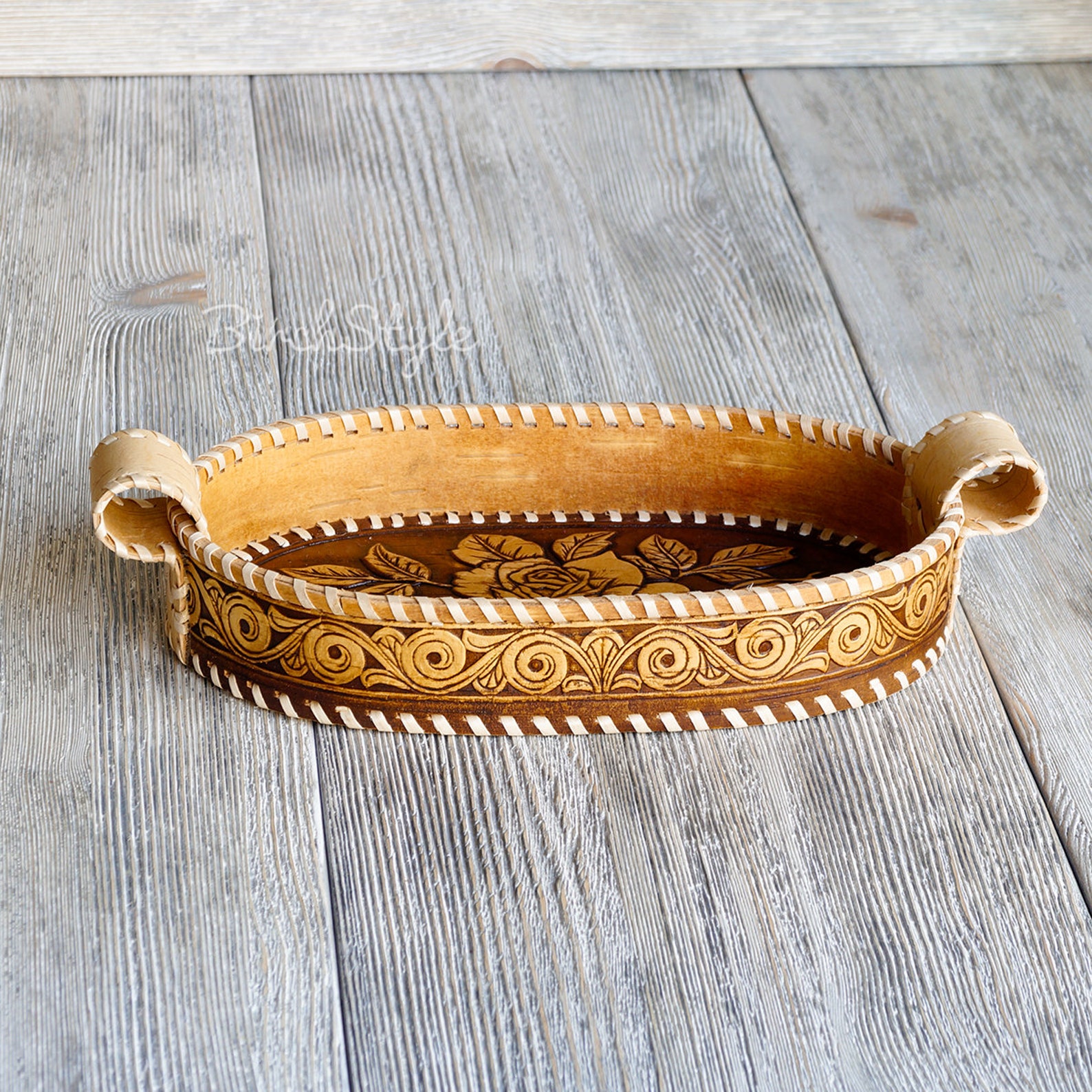 Birch bark bread basket Snack dish with rose ornament Small Etsy