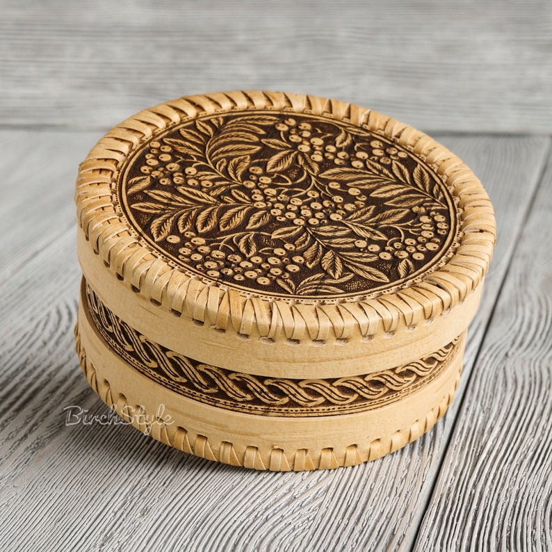 Small hand carved wood jewelry box with rowan ornament Tea box Round brown trinket box
