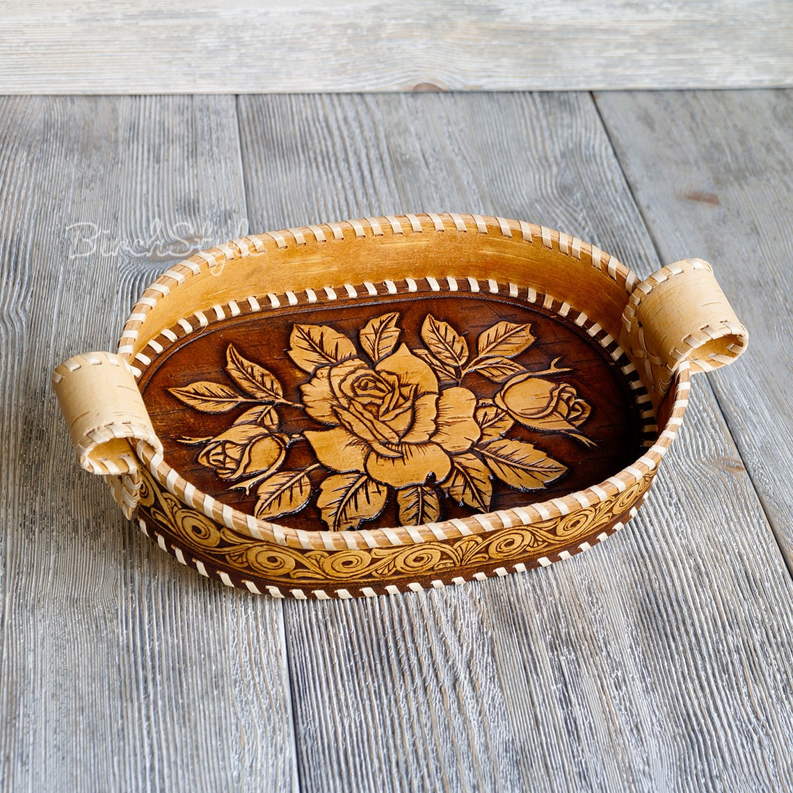 Birch bark bread basket Snack dish with rose ornament Small Etsy
