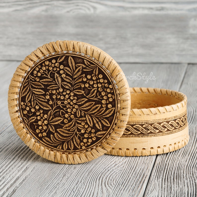 Small hand carved wood jewelry box with rowan ornament Tea box Round brown trinket box