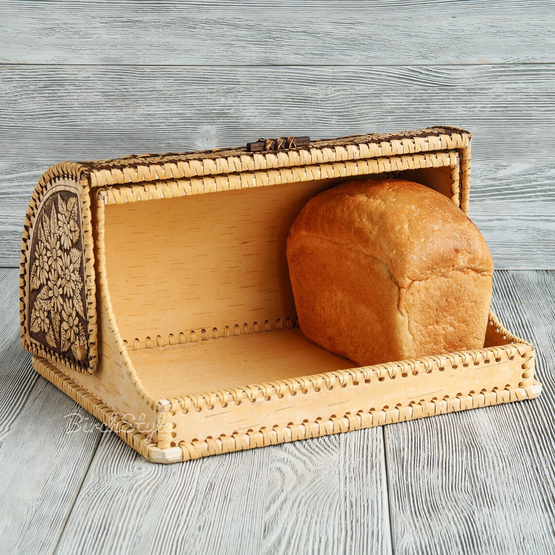 Birch bark bread box with girl ornament Breadbox Bread bin Etsy