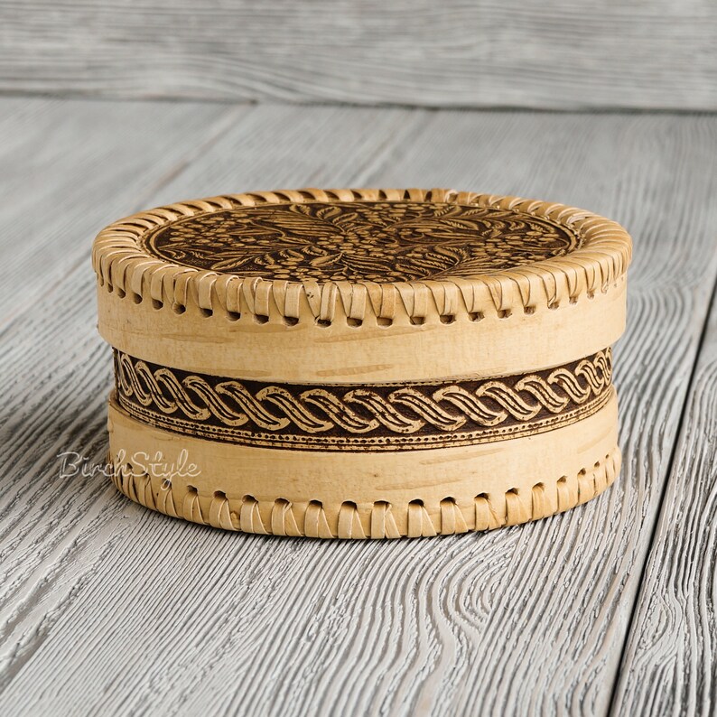 Small hand carved wood jewelry box with rowan ornament Tea box Round brown trinket box