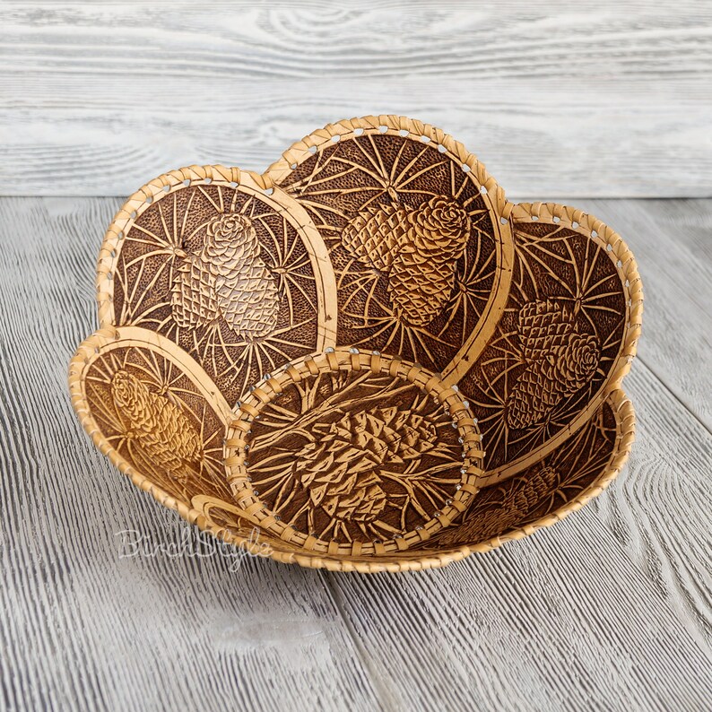 Birch bark bread basket with carved pine cones ornament Etsy