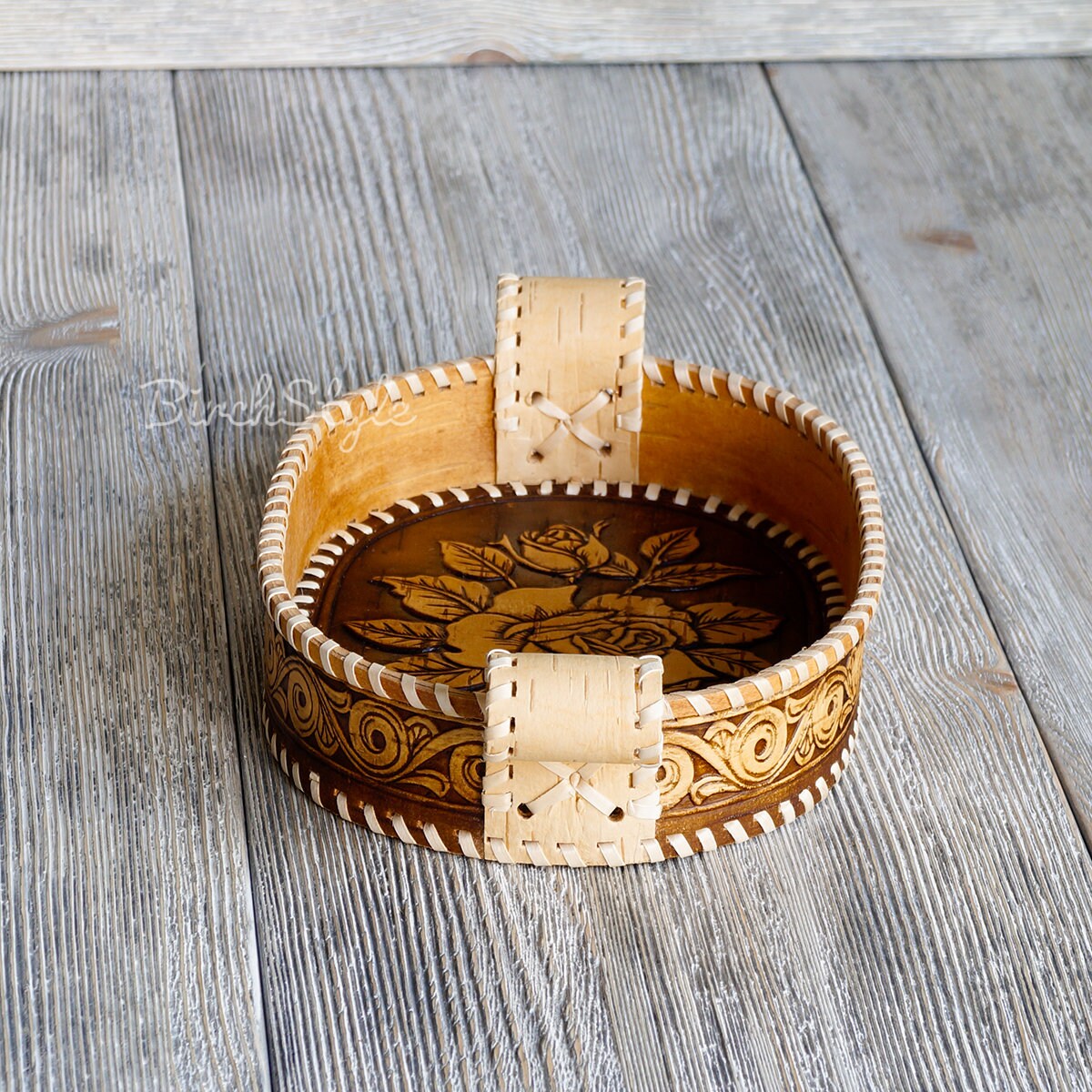 Birch bark bread basket Snack dish with rose ornament Small Etsy