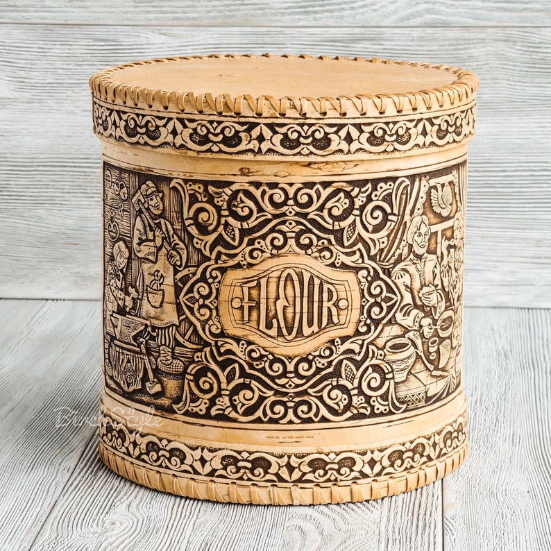 Große geschnitzte Holz Mehl Kanister mit russischen rustikalen | Etsy