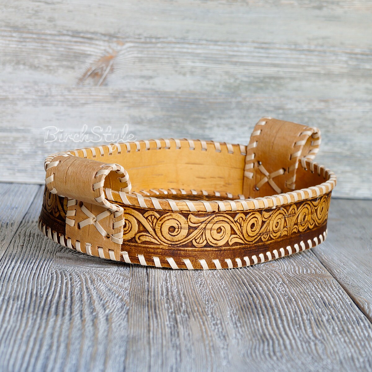 Birch bark bread basket Snack dish with rose ornament Small Etsy