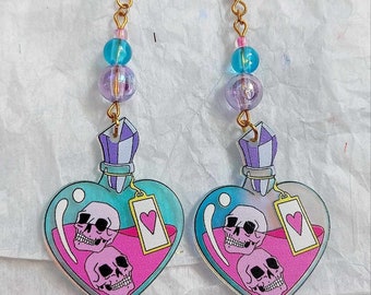 Kawaii Love Potion Skull Crystal Holographic Dangle Earrings