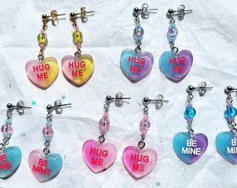 Conversation Hearts 'Hug Me' 'Be Mine' Candy Drop Stud Earrings