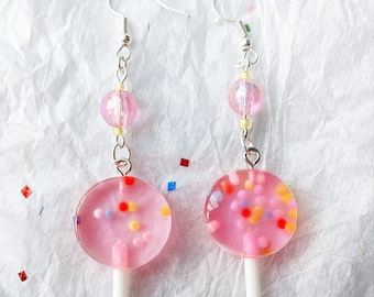 Kawaii Confetti Sprinkle Filled Pink Lollipop Dangle Hook Earrings