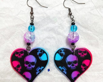 Kawaii Goth Skull Heart Gradient Bi Dangle Hook Earrings