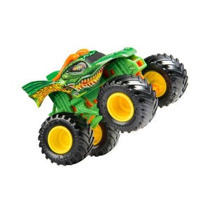 May include: A green and orange monster truck toy with a dragon design on the front. The truck has large black tires with yellow rims. The body of the truck is green with orange accents.