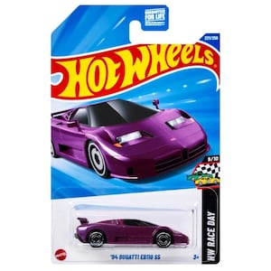 May include: A purple '94 Bugatti EB110 SS Hot Wheels die-cast car on a blue and white card. The card features the Hot Wheels logo, the text "GUARANTEED FOR LIFE", and "HW RACE DAY". The car is a deep purple color.