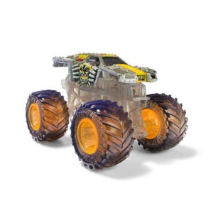 May include: A clear monster truck toy with orange and purple wheels. The truck has a yellow and gray body with the word "MRKO" printed on it. The wheels are large and have a treaded design.