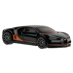 May include: A black toy car with orange accents and the number 16 on the side. The car has a sleek design with black wheels and a tinted windshield. The car is a miniature replica of a sports car.
