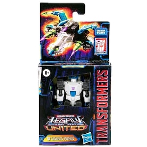 May include: A boxed Transformers Legacy United Megatron action figure. The box features a dynamic illustration of a transforming robot in shades of blue, green, and white. The figure inside is white with blue and black accents. The box also displays the Takara Tomy and Hasbro logos.