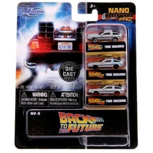 May include: A Jada Nano Hollywood Rides die-cast set featuring three silver Back to the Future time machine toy cars in a blister pack. The packaging displays the Back to the Future logo, the text OUTATIME on a license plate, and warning labels.