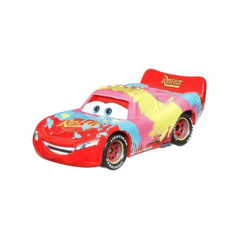 May include: A red toy car with a colorful paint splatter design. The car features the text "Rusteze" on the spoiler and "Lightyear" on the tires. The car has blue eyes and a smiling face.