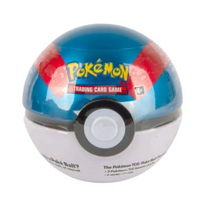 May include: A spherical blue and white metal Pokémon Trading Card Game tin shaped like a Poké Ball. The top half is metallic blue with red accents, and the bottom half is white. It features the Pokémon logo, a black and white button, and text.