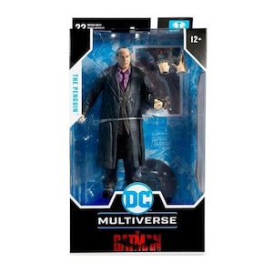 May include: Action figure of The Penguin from the DC Multiverse Batman series. The figure is in a clear plastic package with the DC Multiverse logo. The Penguin is wearing a black overcoat and purple shirt. The package also includes the text "12+".