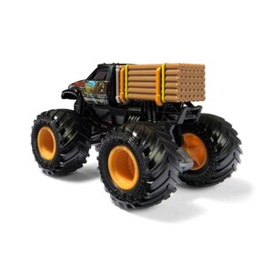 May include: A black monster truck toy with large, black tires and orange rims. The truck bed carries a load of brown logs secured with yellow straps. The truck has a detailed design on the cab and is set against a white background.
