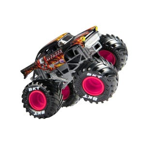 May include: A black and red toy monster truck with large black tires and pink rims. The truck has the word "AVENGER" on the side and a flame design. The tires have the letters "BKT" on them.