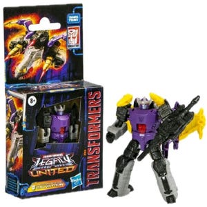 May include: A purple, black, and yellow Galvatron action figure from the Transformers Legacy United series. The figure is posed next to its box, which features the Transformers logo and the text "Galvatron". The box has a dark blue and orange background.