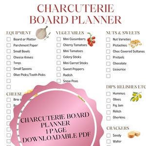 Planner voor charcuterieborden, ingrediëntenlijst charcuterie, snijplanken, schalen. Digitale download afdrukbaar.