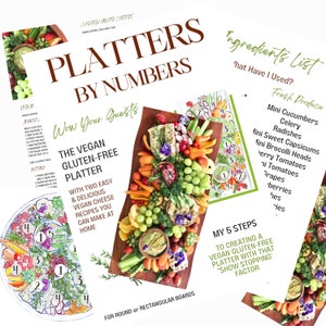 Puede incluir: Un plato vegano sin gluten colorido con una variedad de productos frescos, que incluyen mini pepinos, apio, rábanos, mini pimientos dulces, mini brócoli, tomates cherry, uvas y bayas. El plato está dispuesto en un patrón circular con números que indican el orden de los ingredientes. El texto "Wow Your Guests" y "The Vegan Gluten-Free Platter" es visible en la imagen.