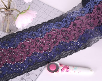 Stretch Lace - Blue and Mauve Flowers - 1 meter