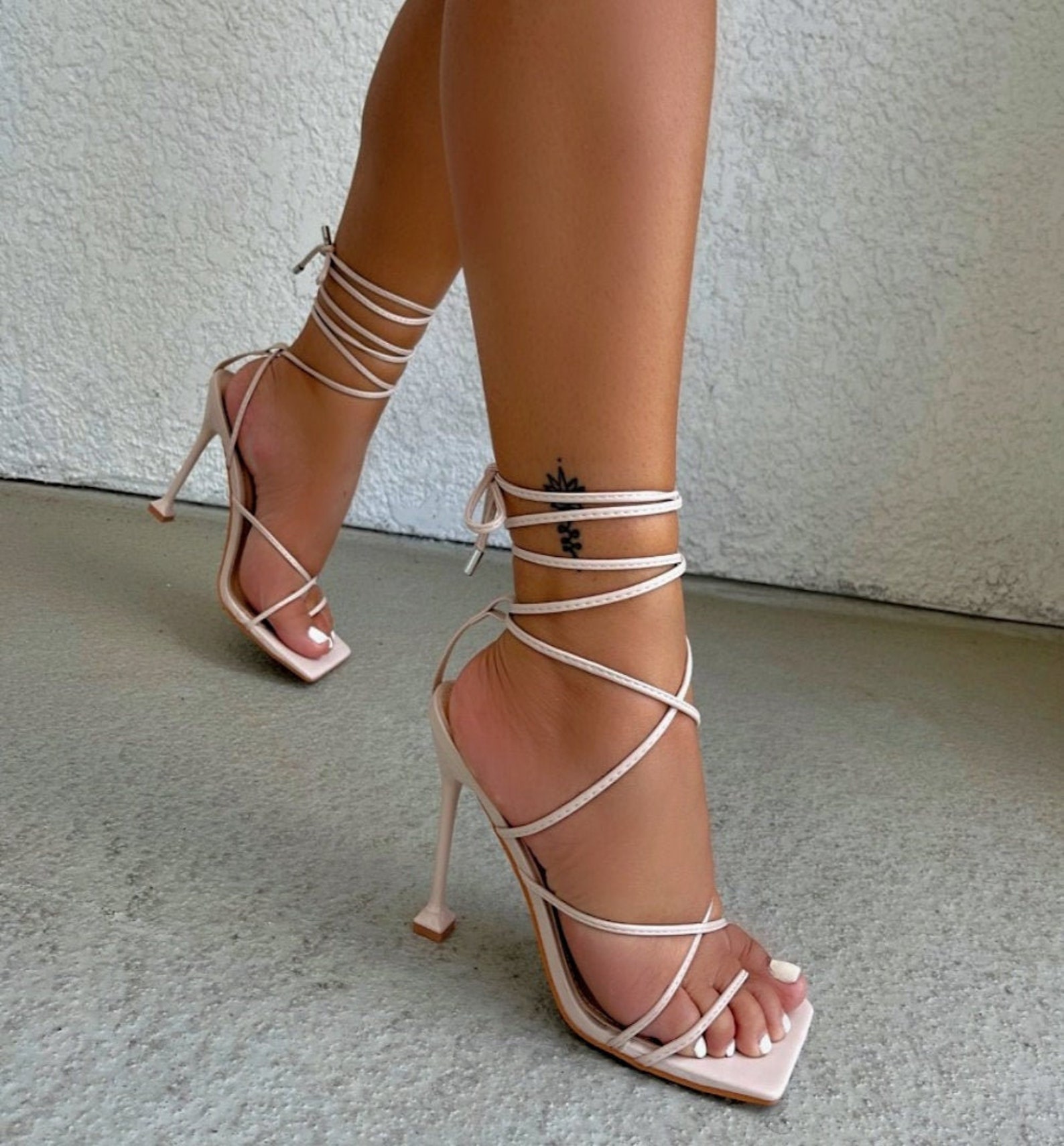 Women beige open square toe lace up sandals heels | Etsy