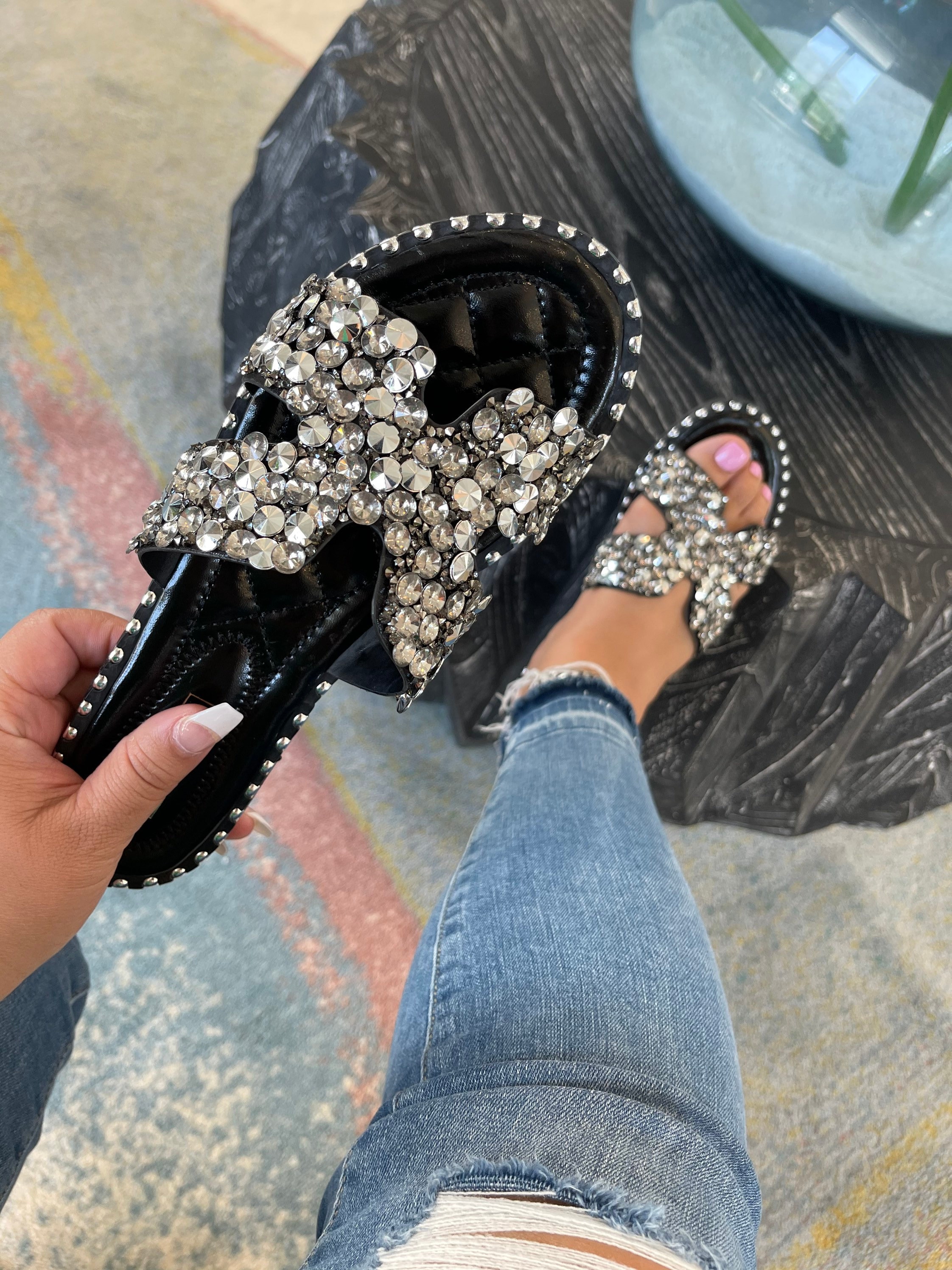 Black bling slides sandals Etsy
